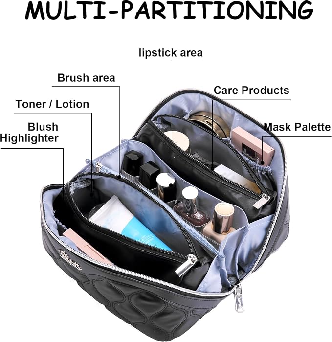 BOYATU Travel Makeup Bags for Women Cosmetic Bag: Puffy Make up Bags Set of 3 - Vegan Leather Makeup Organizer - Waterproof Large Toiletry Bag with Compartments - Travel Essentials (H-1-Black) - Image 3