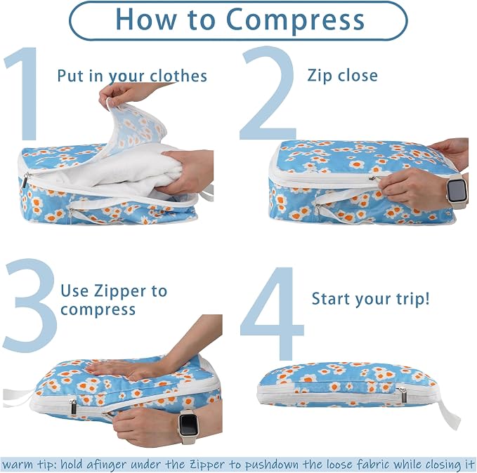 8 Pcs Compression Packing Cubes for Travel, Lightweight Waterproof Luggage Organizer Bags Set, Washable Packaging Cubes for Women Backpack Carry-On Suitcases - Image 2