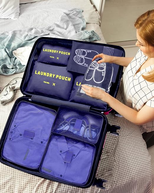 8-in-1 Suitcase Organiser Set for Travel, Clothes Bags, Packing Cubes, Luggage Organisers for Clothes, Shoes, Underwear, Cosmetics, Dark Blue - Image 8