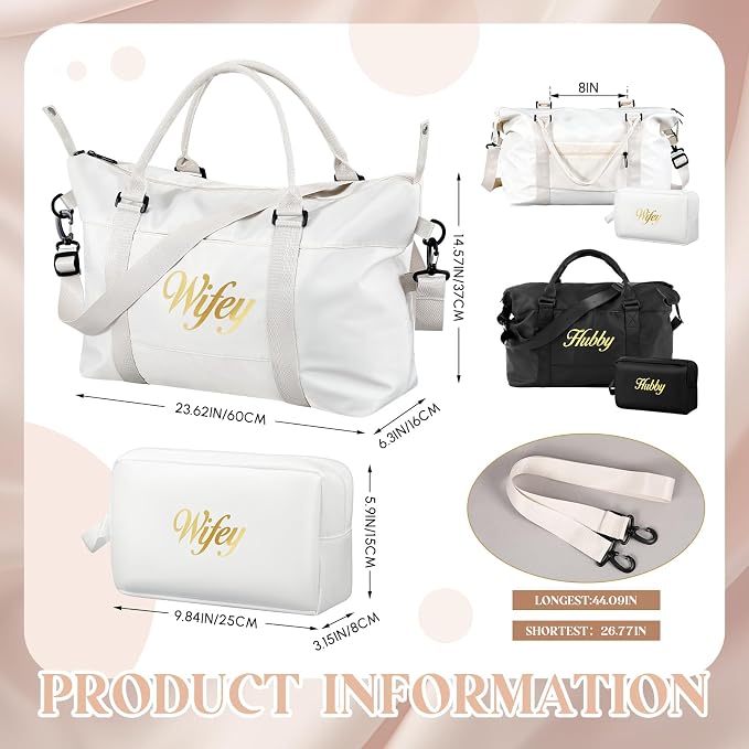 Sanwuta 4 Pcs Wifey Hubby Duffel Bag Set 2 Honeymoon Travel Bags with 2 Toiletry Pouches Weekender Gym Tote for Couple Wedding Engagement Valentines His Hers Gifts Bridal Shower Gifts - Image 2
