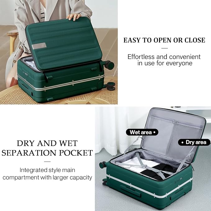 Hanke 20 Inch Carry On Luggage Aluminum Frame Front Opening Rolling Suitcase PC Hard Sided Luggage with Spinner Wheels Travel Luggage for Woman Men Gifts.(Dark Green) - Image 4