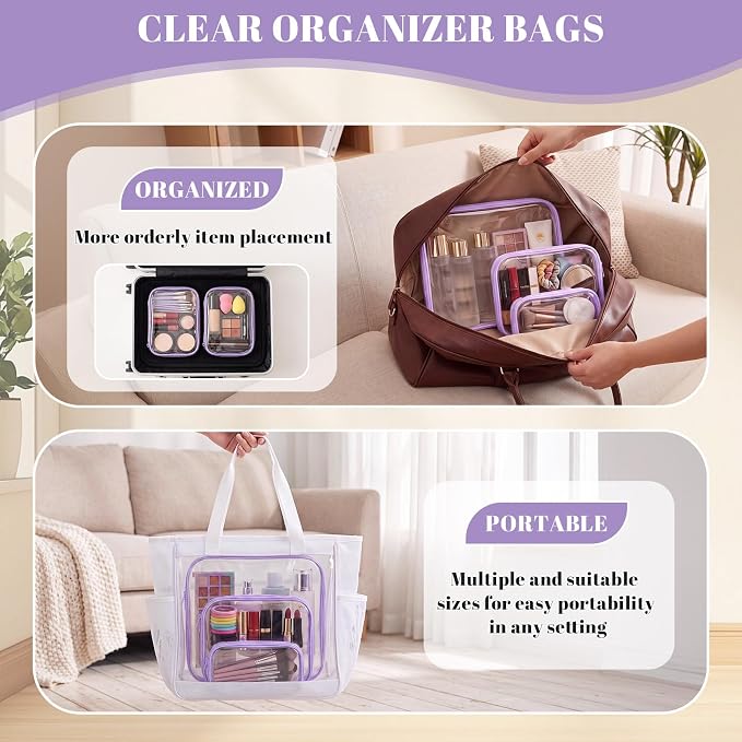 12 Pack Clear Hard Shell Zipper Case with 40 Labels, X-Large/Medium/Small Stackable Clear Pouches, Crush-resistant Travel Toiletry Bag Organizer for Makeup Board Games Electronics (Purple) - Image 3