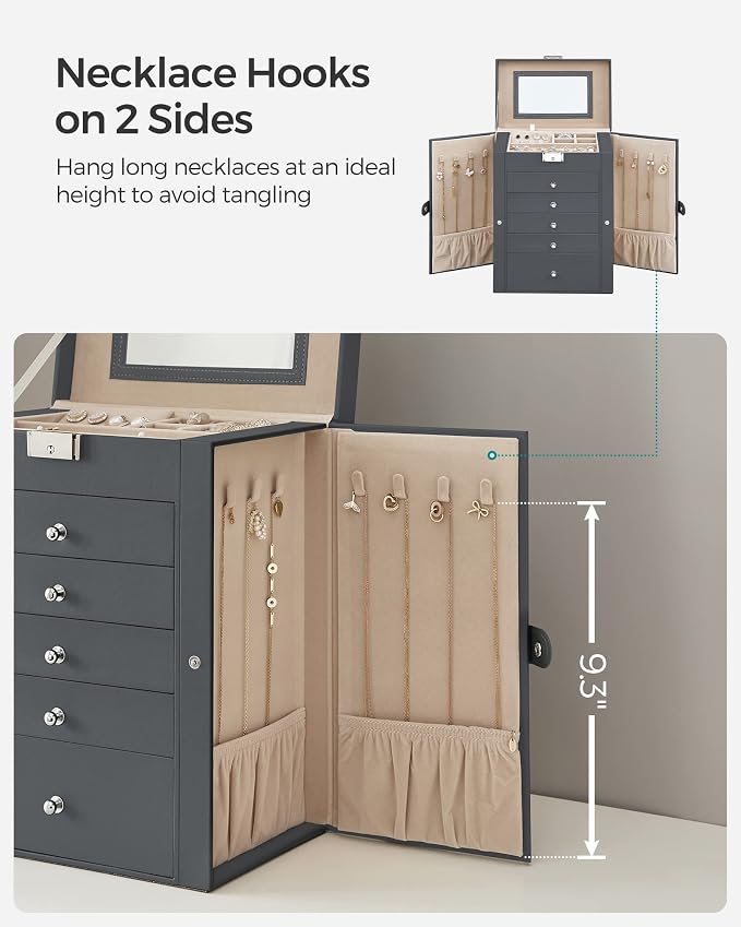 SONGMICS 6-Layer Jewelry Box Organizer with 5 Drawers, Jewelry Storage Case with Lock and Mirror, Large Storage Capacity, Gift for Loved Ones, for Necklaces, Watches, Gray UJBC152G01 - Image 4
