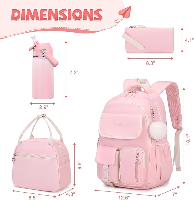 DIGOBAY Backpacks for Girls, 6PCS School Backpack with 14OZ Water Bottle Lunch Box Pencil Pouch for Teen Girls Kids Elementary Primary Middle High College Travel School bag Bookbag Set - Image 2