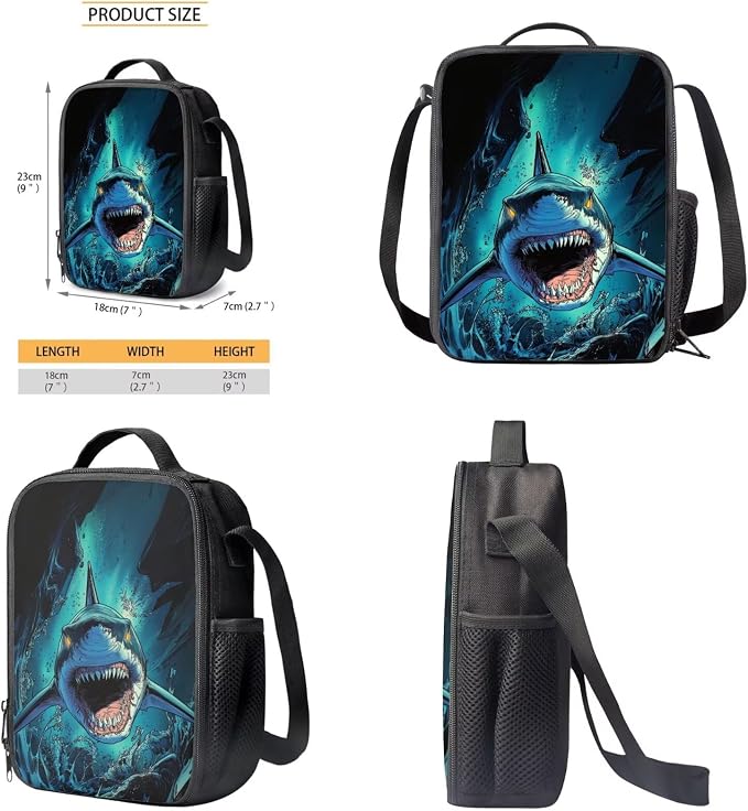 Shark Sea Blue School Bag Set with Reusable Lunch Bag and Pen Bag, Portable Backpack Set for Primary School Students, Large Capacity School Bookbag for Kids - Image 6