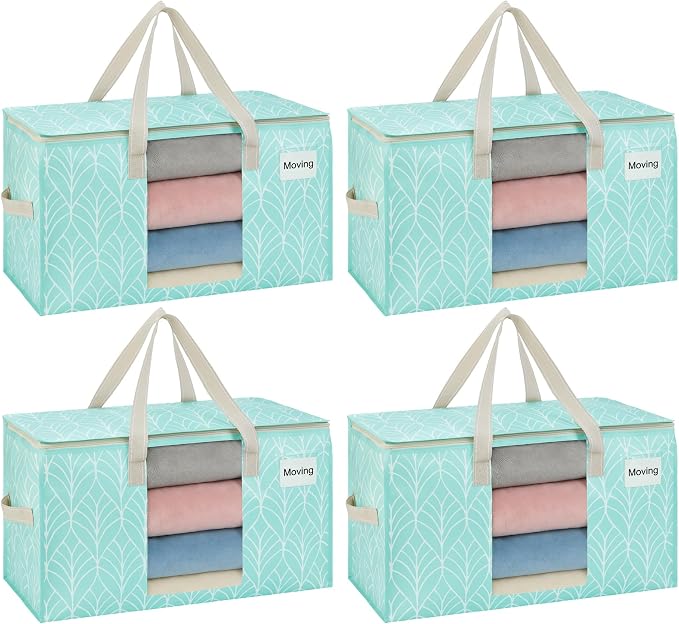 VENO 4 Pack Heavy Duty Moving Bags, Clothes and Comforter Storage Bags with Clear Window, College Dorm Essentials Packing Supplies, Foldable Boxes Alternative (Evergreen, 4 Pack) by Veno