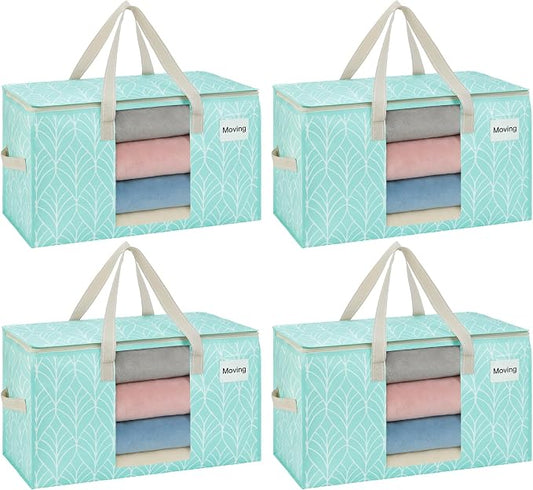 VENO 4 Pack Heavy Duty Moving Bags, Clothes and Comforter Storage Bags with Clear Window, College Dorm Essentials Packing Supplies, Foldable Boxes Alternative (Evergreen, 4 Pack) by Veno