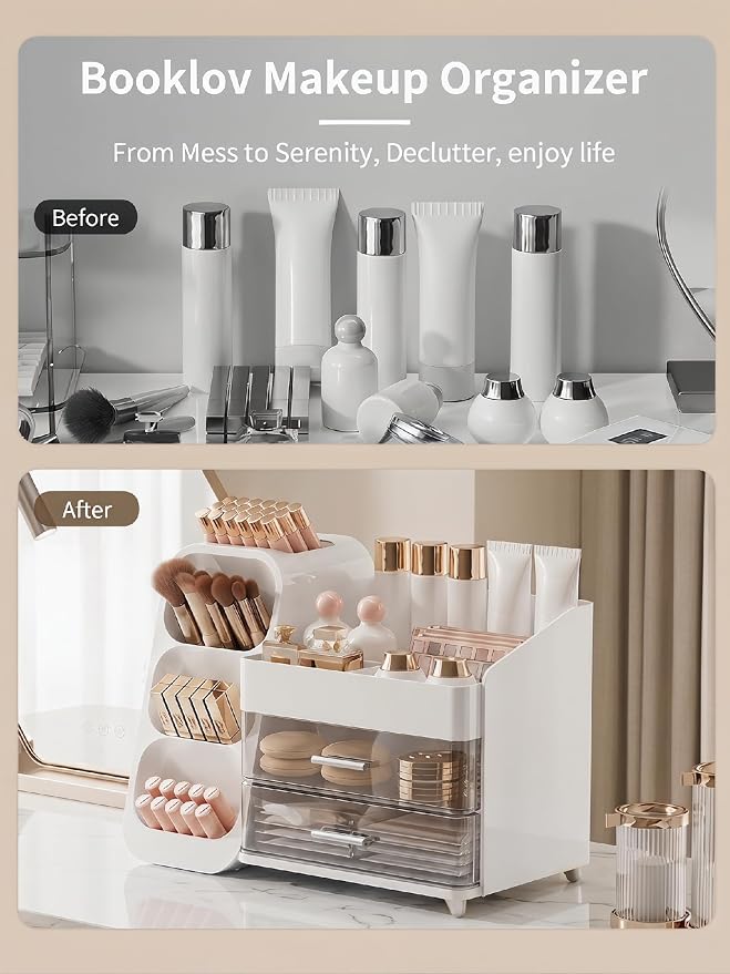 Booklov Large Makeup Organizer for Vanity and Bathroom Countertop, White | Clear Acrylic Cosmetic Display Case, Beauty Brush Holder for Dresser Counter, Storage Skincare Eyeshadow Lipstick Perfume - Image 7