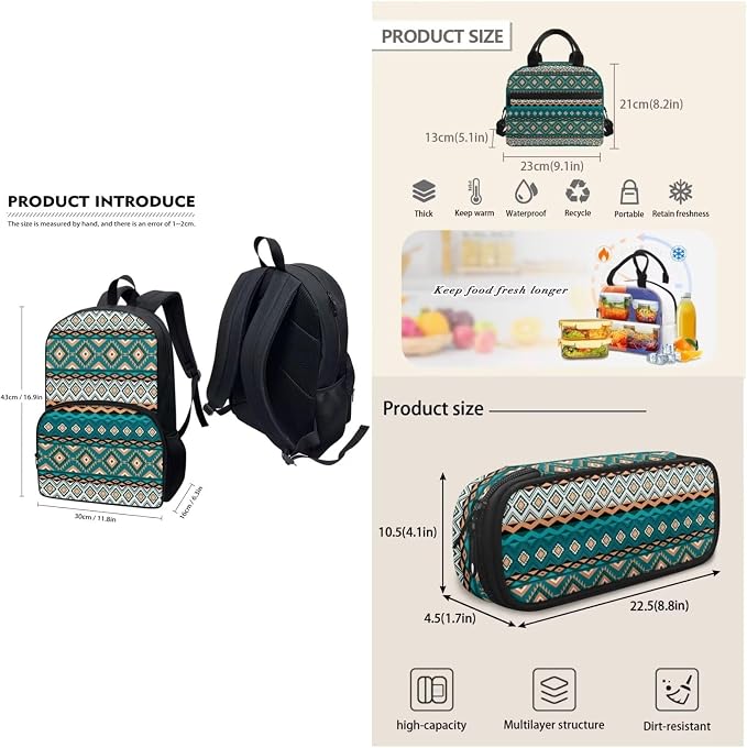 Turquoise Tribal Aztec Backpack with Lunch Box and Pencil Case Girls Comfy Padded Cute School Backpack Set of 3 Bookbag for Student Lightweight Large Capacity Daypack - Image 2