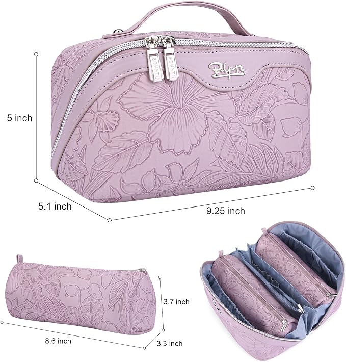 BOYATU Travel Makeup Bags Cosmetic Organizer Bag: 3-Set Large Capacity Make up Bag - PU Leather Toiletry Bags for Women - Wide Open Portable Pouch with Divider & Handle (01-Z-Light Purple) - Image 7