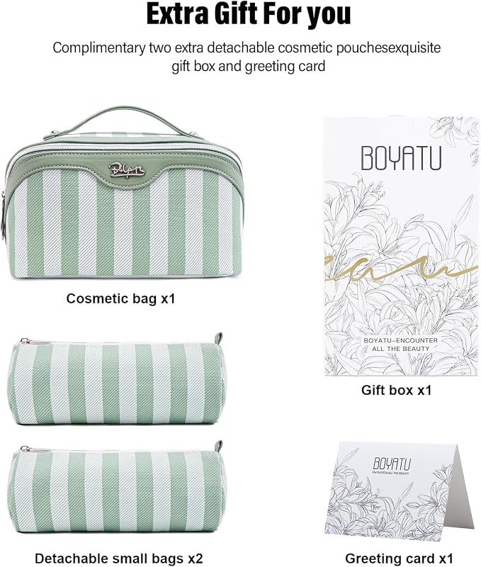 BOYATU Travel Makeup Bag Cosmetic Bag for Women: 3 Pcs Set Striped Make up Bag with Compartments - Waterproof Vegan Leather Toiletry Bag with Handle - Makeup Organizer for Travel Essentials(A-2-Green) - Image 6