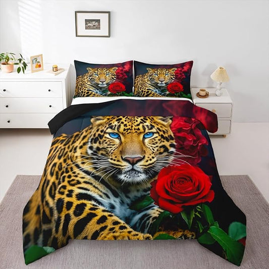 Erosebridal Leopard Bedding Set, Red Rose Cheetah Comforter Set Twin Size for Kids Teens Adult Women Bedroom, African Safari Animal Duvet Sets Romantic Flower Down Comforter, Brown by Erosebridal