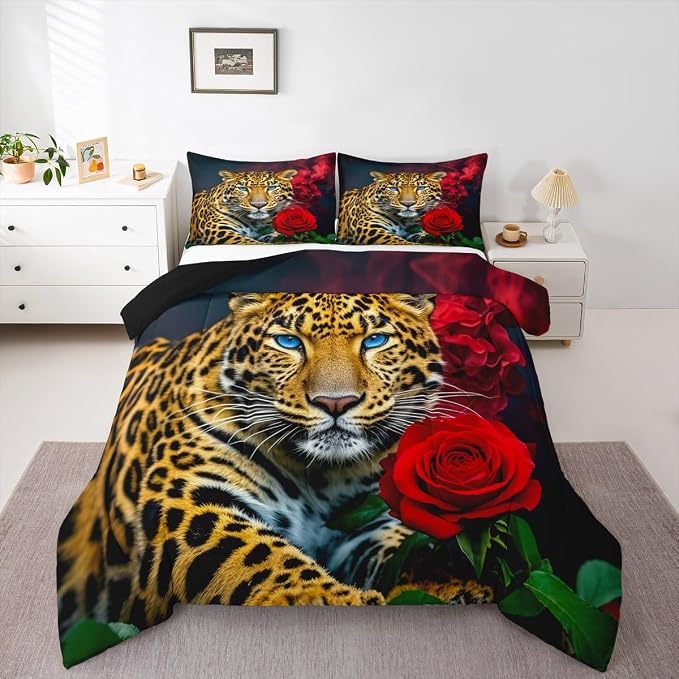 Erosebridal Leopard Bedding Set, Red Rose Cheetah Comforter Set Twin Size for Kids Teens Adult Women Bedroom, African Safari Animal Duvet Sets Romantic Flower Down Comforter, Brown by Erosebridal