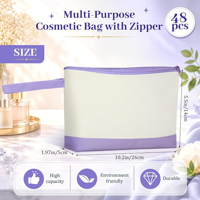 Silkfly 48 Pcs Cotton Canvas Makeup Bags Cosmetic Zipper Bags 10.2 x 5.5 x 2'' Blank DIY Pouch Bulk Pencil Case with Bottom Travel Toiletry Pouch for Women Craft Decor Gift (Beige and Multi Colors) - Image 2