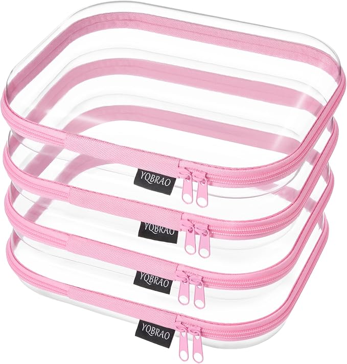YQBRAO 4-Pack Clear Diaper Bag Organizer Pouches, 1.2mm Ultra-Thick PET Travel Pouches for Toiletries & Makeup, Rigid Self-Standing Bags with YKK Zippers, TSA Approved (Pink) by Unknown