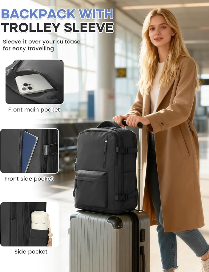 Large Carry on Travel Backpack Women Men,Hiking Gym Waterproof Outdoor Sports Rucksack Casual Daypack Laptop Backpack Personal item Travel Bag Airplane Essentials Spirit Airline Flight Approved,Black - Image 6