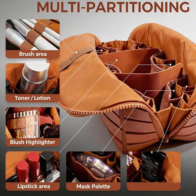 Travel Makeup Organizer Bag with Fold-Down Design, Adjustable Dividers, 27 Pockets & 3 Brush Holders, Large Capacity Cosmetic and Toiletry Organizer (Brown) - Image 7