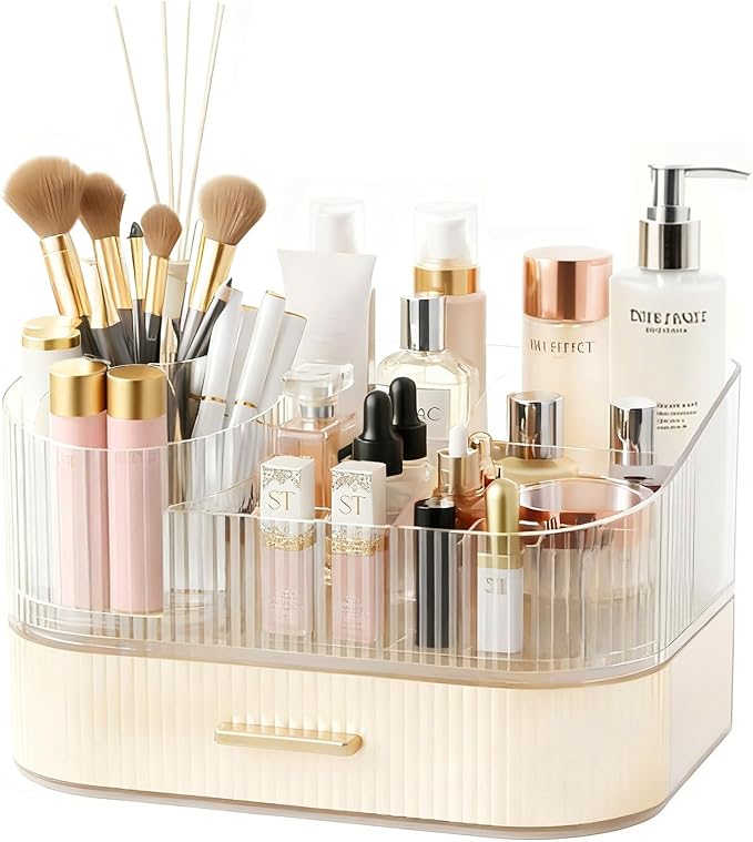 Makeup Organizer Countertop with 360 Rotating Brush Holder, Make Up Organizers For Vanity With Drawer, Bathroom Countertop Skincare Organizer And Storage by ShinyDew