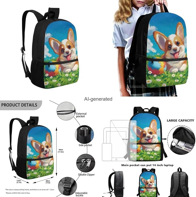 Cute Corgi Dog Backpack for Girls Boys Backpack with Lunch Box Water Bottle Holder and Big Pencil Case 4PCS Set 17" Bookbag with Front Pocket for School Sturdy School Bag for Kids Elementary - Image 3