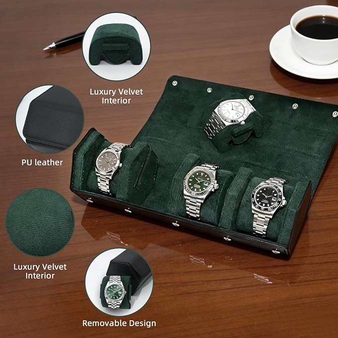 4-Slot Leather Watch Roll Travel Case with Velvet Interior,Black Green | Multiple Watch Capacity,Premium Hexagon Leather,Velvet M-Shaped Cushions,Secure Snap Closure,Storage Organizer - Image 5