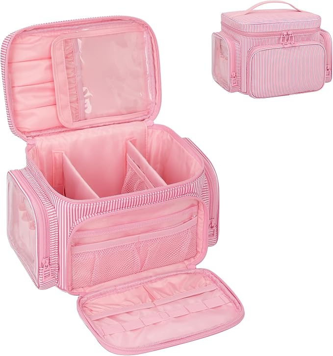 Large Makeup Bag, Portable Travel Makeup Bag Organizer for Women Girls with Makeup Brush Compartment & Two Side Pockets, Cosmetic Travel Bag Vertical Storage Toiletry Bag - Pink Stripe - Image 9
