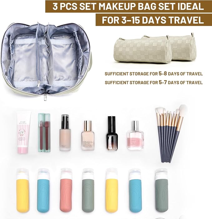 BOYATU Travel Makeup Bag Organizer: 3 Pcs Set Large Capacity Cosmetic Bags Holds 10–20 100ml Full-Size Bottles - 180°Open-Flat Make up Case 3-sec touch-up - Toiletry Bag Gift women (01-D-Beige) - Image 4