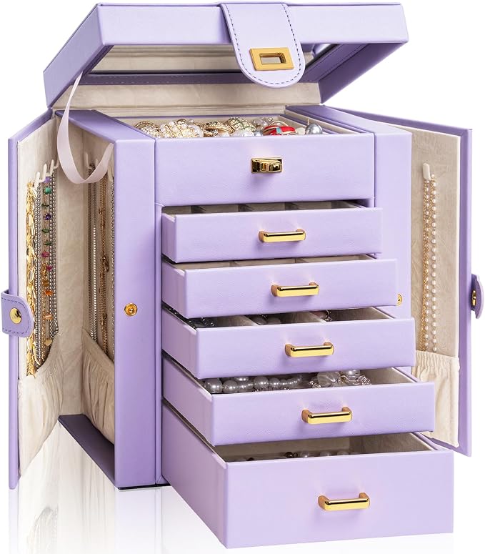 AKOZLIN 6-Tier Jewelry Box Organizer Functional 5 Drawers Leather Jewelry Storage Case for Women Girls Ring Necklace Earring Bracelet Holder Organizer with Mirror Purple Regular by AKOZLIN