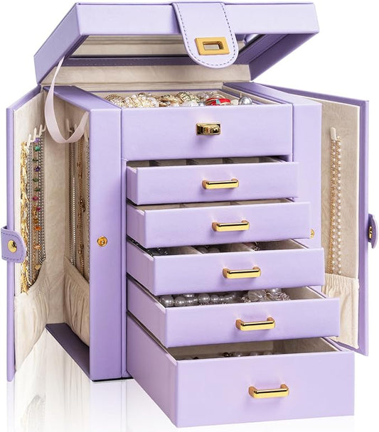 AKOZLIN 6-Tier Jewelry Box Organizer Functional 5 Drawers Leather Jewelry Storage Case for Women Girls Ring Necklace Earring Bracelet Holder Organizer with Mirror Purple Regular by AKOZLIN