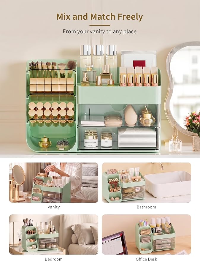 Booklov Small Makeup Organizer for Vanity and Bathroom Countertop, Green | Clear Acrylic Cosmetic Display Case, Beauty Brush Holder for Dresser Counter Skincare Eyeshadow Lipstick Perfume Storage - Image 7