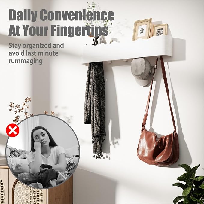 Coat Rack Wall Mount with Shelf 5 Hidden Hooks Modern Wooden Key Holder Entryway Organizer for Hallway Bedroom Bathroom Home Decor Storage for Hanging Coats Hats Bags Towels, Wave-Shape White - Image 4
