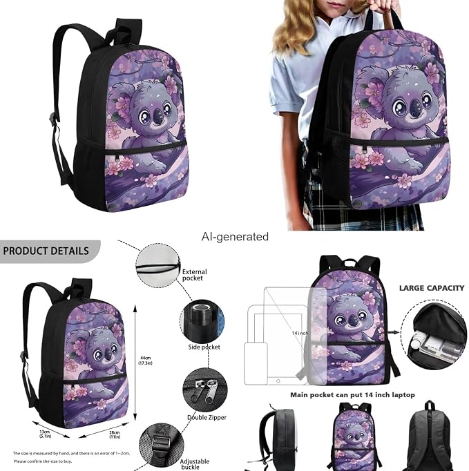 Purple Koala Backpack and Lunch Box for Girls Preschool Middle School Bag with Pencil Case and Water Bottle Holder Lightweight Student Bookbag for Kids Back to School Gifts - Image 3