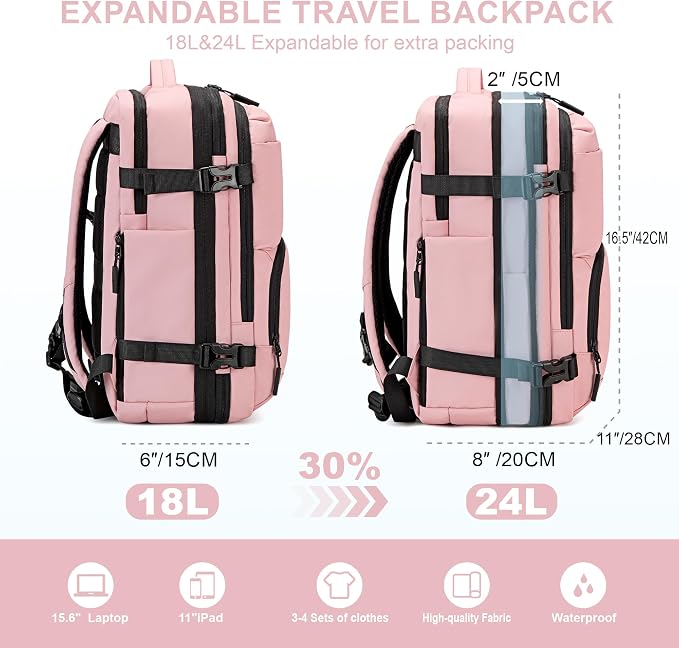 BAGOK Carry On Travel Backpack, Expandable Extra Large Airline Approved,Lightweight Daypack for Men and Women（Pink） - Image 3