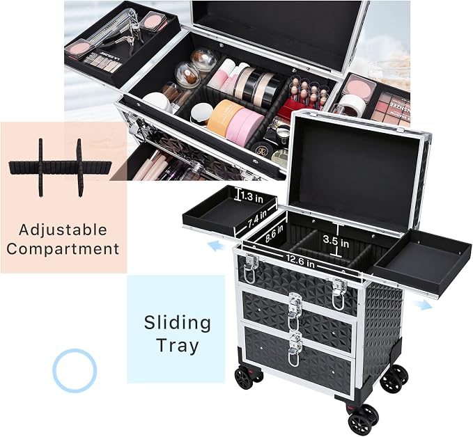 FRENESSA Professional Rolling Makeup Case Aluminum Trolley Train Case with 360° Swivel Wheels for Makuep Artist Travel Cosmetic Organizer with Sliding Drawers for Nail Tech Hairstylist Barber, Black - Image 3