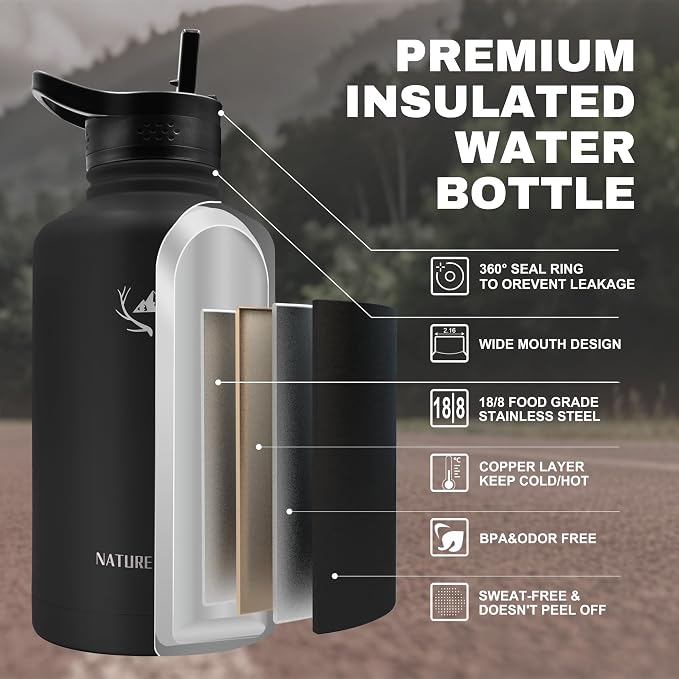 NATURE PIONEOR 64 oz Insulated Water Bottle with Carrier Bag & 3 Lids | 18/8 Food-grade Stainless Steel, Double Vacuum Insulation, 3 Leak-proof Lids, Strap, Camping, Hiking, Gym, Work - Image 2