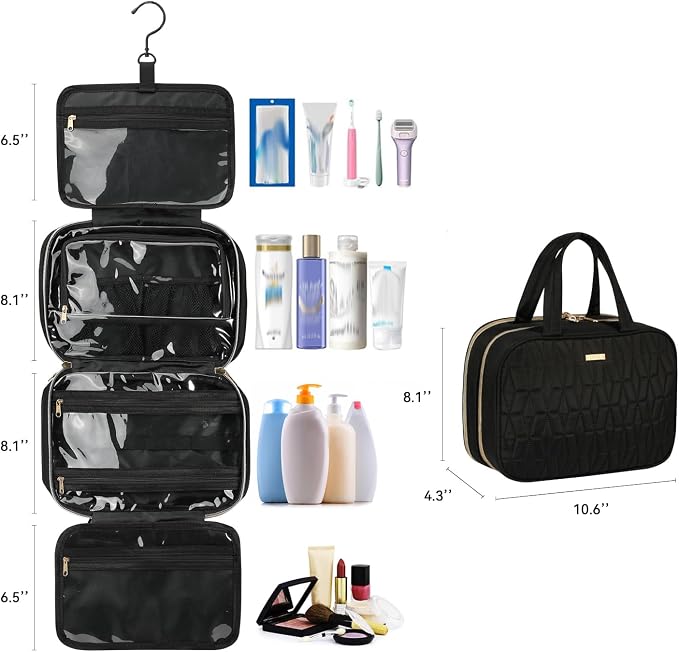 Voova Hanging Travel Toiletry Bag for Women Men, Waterproof Makeup Cosmetic Organizer Holder for Toiletries Accessories, Traveling Essentials,Shampoo,Full-Sized Container, Brushes Kit Set, Black - Image 5