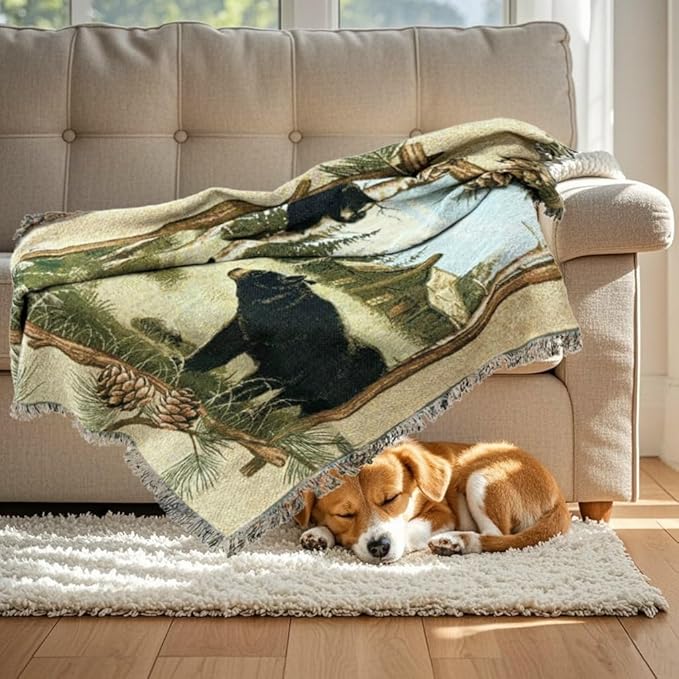 Log Cabin Bear Family Woven Tapestry Throw Blanket Wall Hanging Art Handicrafts Jacquard Multipurpose Soft Travel Mat Outdoor with Fringe Tassels 50 X 60 Inches