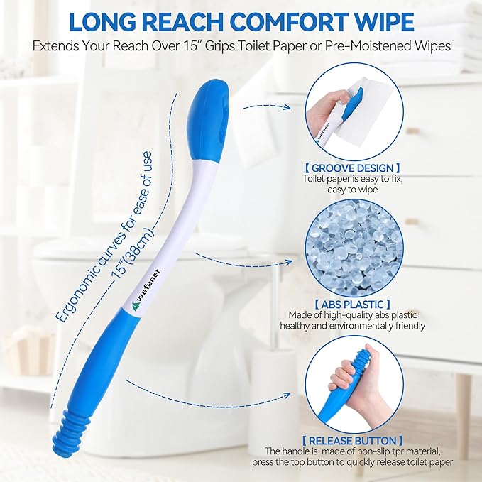 Toilet Aids Set for Wiping - Long Handle Butt Wiper, Anti-Slip Curved Handle Bath Body Brush and Curve Hair Brush for People Overweight, Elderly and Disabled People（3PCS Personal Hygiene Kit)