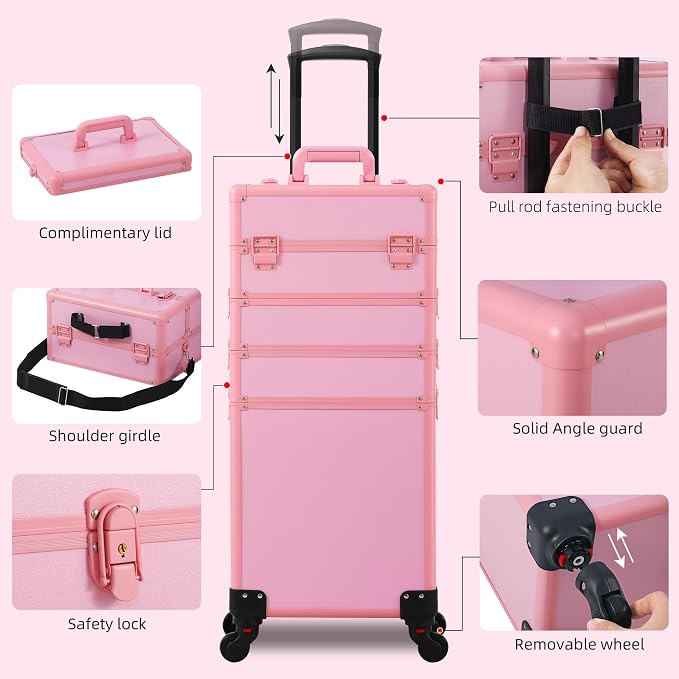 Somduy Makeup Train Case, Rolling Makeup Case with Lid, 5 in 1 Cosmetology Case on Wheels, Christmas Gift, Large Makeup Case Organizers, Profesional Cosmetic Case for Salon Barber, Pink - Image 5