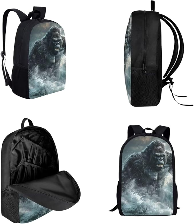 17 Inch Animal Print School Backpack And Lunch Box Set for Kids Lightweight Stormy Sea Gorilla Backpack for Boys Girls Sturdy School Bag with Insulated Lunchbox Pencil Case Student Bookbag - Image 3