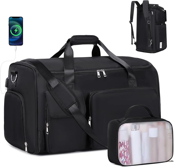 ACESAK Garment Bags for Travel, 2 in 1 Convertible Carry On Duffle Bag Suit Bags Foldable Backpacks with Shoe Compartment & Toiletry Bag, Hanging Bags for Clothes Dress Suit for Men Women Gift (Black) by ACESAK