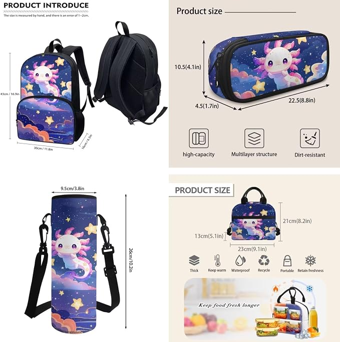 POLERO Cute Axolotl Backpack with Lunch Box for Girls Elementary Preschool Kindergarten School Bag Pencil Case Water Bottle Holder Set - Image 4