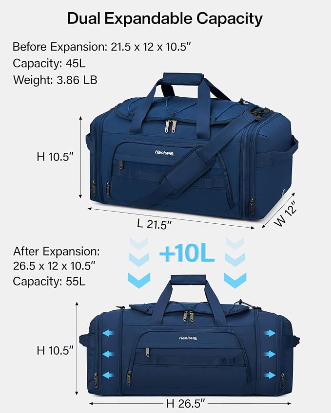 Hanke Duffle Bag for Travel, Dual Expandable 45L-55L Carry On Duffel, 3 In 1 Weekender Tote, Water Resistant Overnight Bag with 15.6" Compartment for Men Women, Blue - Image 2