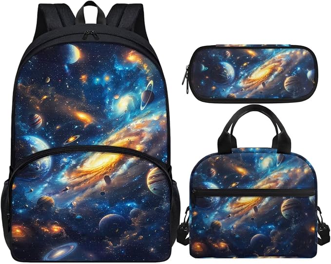 Galaxy Bookbag for Boys Elementary School Backpack for Kids 3Pcs School Bag Set with Lunch Bag and Pencil Box Lightweight Schoolbag Back to School Set by Vanideaoty
