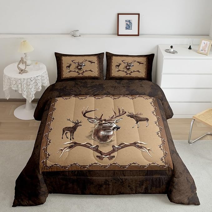 Erosebridal Farmhouse Deer Comforter Sets for Kids Boys Girls Southwestern Bedding Set Full Size Rustic Hunting Animal Quilt Moose Deer Down Comforter with 2 Pillow Shams Bedroom Decor - Image 2