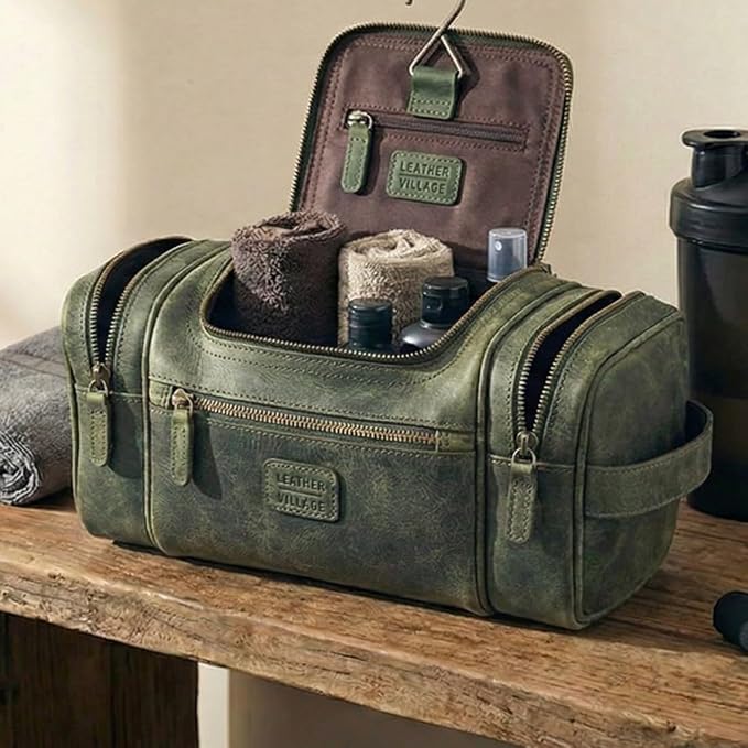 LEATHER VILLAGE Genuine Leather Travel Dopp Kit for Men & Women – Water-Resistant Large-Capacity Hanging Toiletry Bag for Travel, Grooming, Bathroom Organization, Shaving Essentials & Gym Use - Olive - Image 7