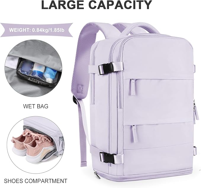 coowoz Large Travel Backpack For Women Men,Carry On Flight Approved,Hiking Waterproof Outdoor Sports Rucksack Casual Daypack Fit 15.6 Inch Laptop Shoes Compartment (Purple) - Image 6