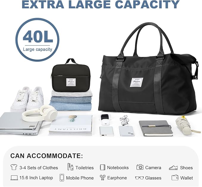 HYC00 Travel Duffel Bag with Toiletry Bag,Weekender Overnight Bag for Women,Carry-on Bag with Wet Pocket,Gym Bag,Extra Large,Black - Image 3