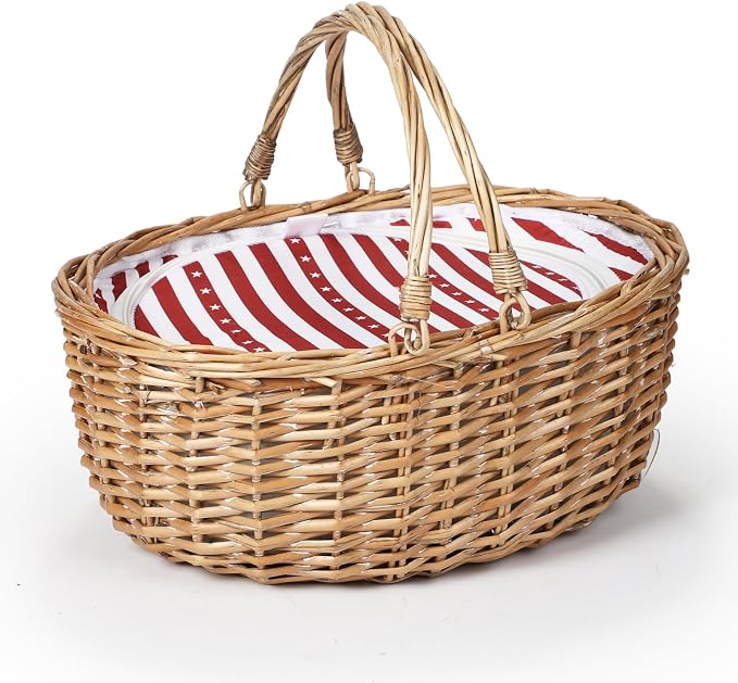Wicker Picnic Basket with Insulated Lined Bag 15“ x 11” x 7“ Red, White Star Stripe Pattern, Iced Beer Insulated Bag for Camping, Picnics, Birthday Gifts, Wedding Gifts by YPshuye