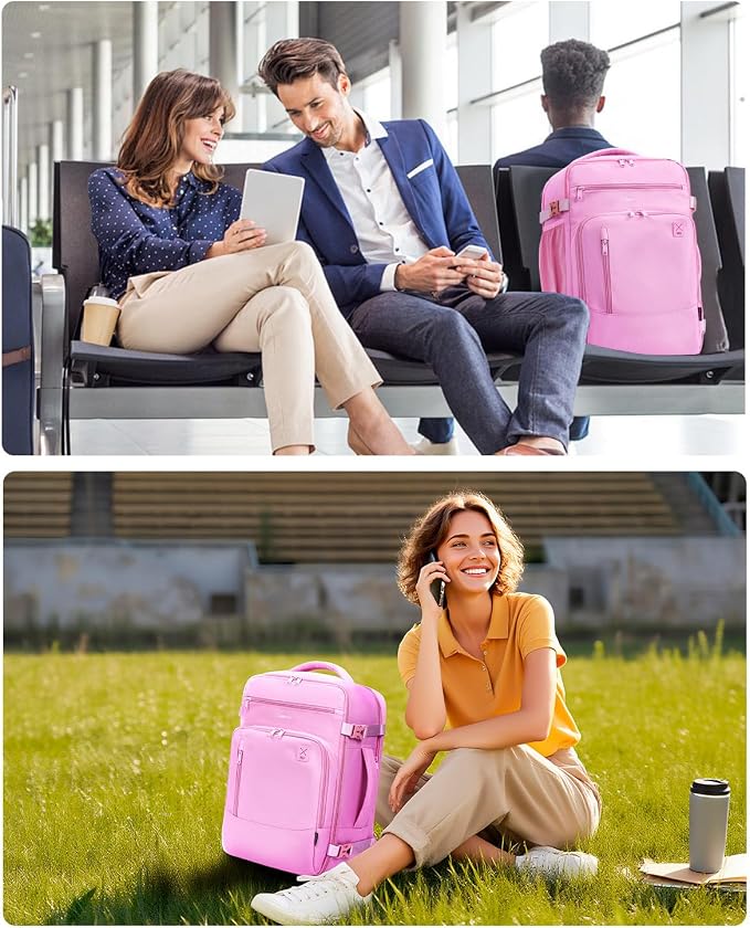 ECOHUB 17" Small Travel Backpack, United Airlines Personal Item Bag 17x10x9 with 16 Pockets, Water Resistant Rucksacks Fit 15.6" Laptop, AirTag Pocket, Lightweight Casual Daypack, 25L, Pink - Image 8