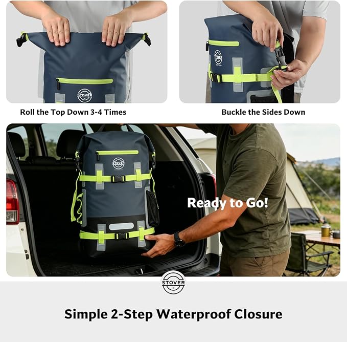 STOVER 30L Waterproof Dry Backpack & Phone Case - X-Large Floating Dry Bag for Kayaking, Travel, Hiking, Fishing, Camping, Motorcycles & Beach, Heavy-Duty Roll Top Men/Women (Navy Blue/Black/Green) - Image 7